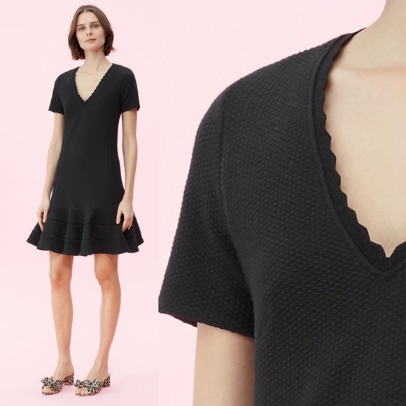 Rebecca Taylor Stretch Texture Scallop V-Neck Mini Drop Waist Ruffle Dress Black - Picture 2 of 16